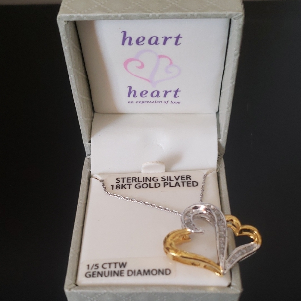 Double Heart Pendant in Sterling Silver & 18k Gold 18"   -   1/5 CTTW Diamond
